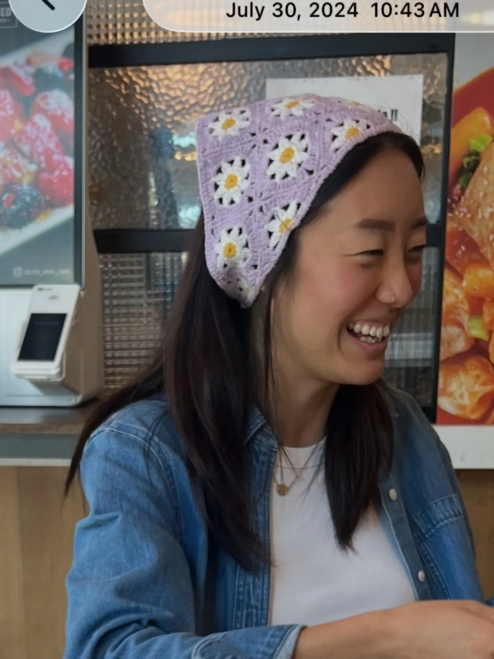 Crochet lavender daisy triangle bandana/headscarf
